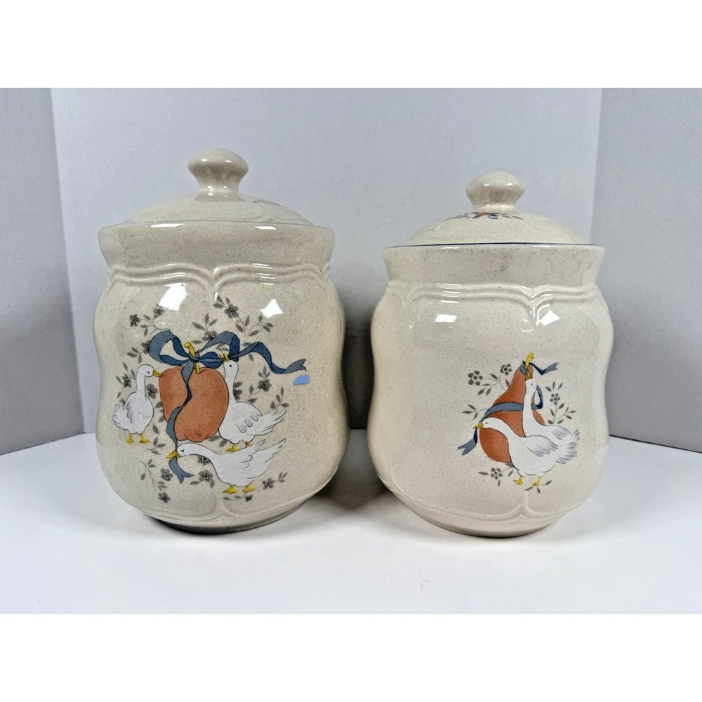 Set of 2 Vtg Marmalade Taiwan Kitchen Canisters Geese Ribbon Cottagecore